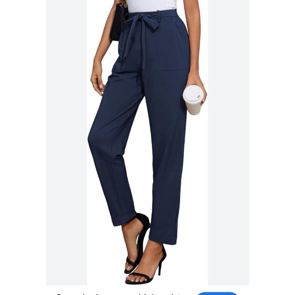 Grace Karin Womens High Waist Pants Size Medium Belt Fold-Up Leg Opening Navy